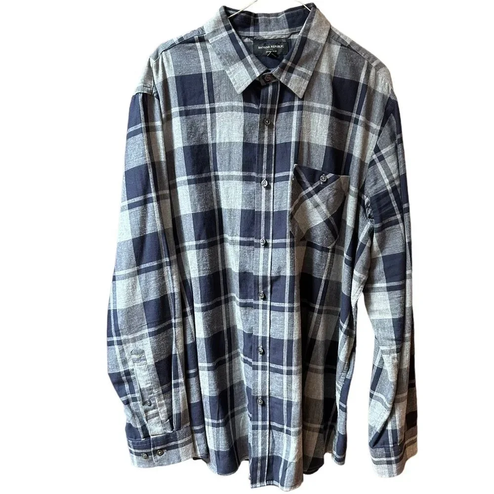Banana Republic Cotton Blue Gray‎ Plaid Shirt XL